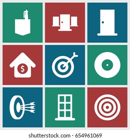 Conceptual icons set. set of 9 conceptual filled icons such as door, office room, house sale, target