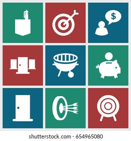 Conceptual icons set. set of 9 conceptual filled icons such as door, office room, target, bbq, arrows in target, man thinking about money