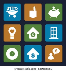 Conceptual icons set. set of 9 conceptual filled icons such as door, office room, bulb heart, bbq, buying a house, house sale, piggy bank, man thinking about money