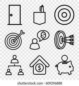 Conceptual icons set. set of 9 conceptual outline icons such as door, office room, structure, house sale, target, arrows in target, man thinking about money