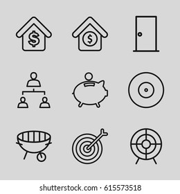 Conceptual icons set. set of 9 conceptual outline icons such as door, target, structure, bbq, buying a house, house sale