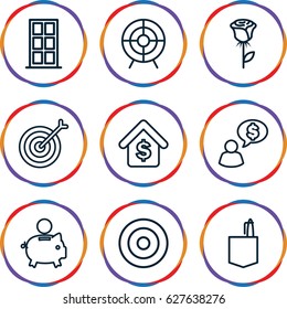 Conceptual icons set. set of 9 conceptual outline icons such as door, office room, target, buying a house, rose, man thinking about money
