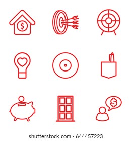 Conceptual icons set. set of 9 conceptual outline icons such as door, office room, bulb heart, target, house sale, piggy bank, arrows in target