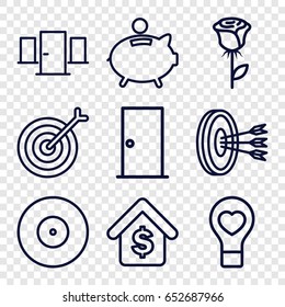 Conceptual icons set. set of 9 conceptual outline icons such as door, bulb heart, buying a house, piggy bank, rose, target