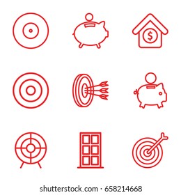 Conceptual icons set. set of 9 conceptual outline icons such as door, target, house sale, piggy bank
