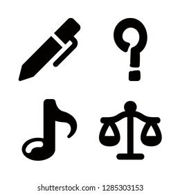 conceptual icons set with music note sign, pen filled diagonal writing tool and libra justice balanced scale symbol vector set