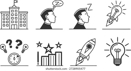  Konzeptuelle Ideensymbole: Eine visuelle Sammlung von Symbolen und Illustrationen, die das Wesen von Inspiration und Wachstum perfekt einfängt. Diese künstlerische Darstellung verwendet symbolische Bilder.