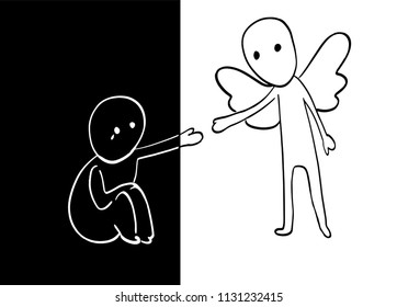 Conceptual idea of opposites through prism of helping to get out of depression, psychology. Vector isolated illustration. Hand draw graphic. icon, social ad, advertisement, poster, banner, caricature.