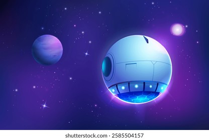 conceptual idea of sci-fi spaceship in universe, graphic of exploration in galaxy with planet and outer space background