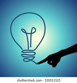 Conceptual idea selection after intense brainstorming. Light bulb on fingertip.