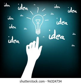 Conceptual idea selection after intense brainstorming. Light bulb on fingertip. Vector Illustration.