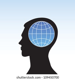 Conceptual idea with  silhouette of  head and  globe.