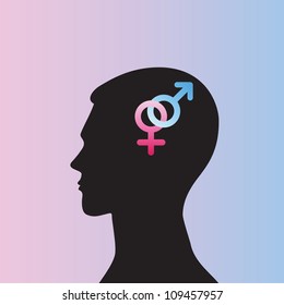 Conceptual idea: silhouette image of  head with  symbol of male and female