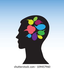 Conceptual idea: silhouette image of the head with a picture of bubbles for speech
