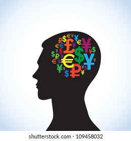 Conceptual idea: silhouette image of  head with symbol of money