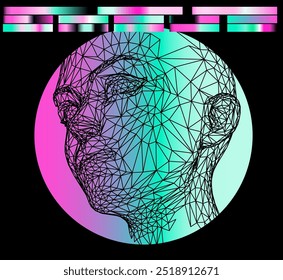 Ilustración conceptual de la cabeza 3d hecha de malla sobre fondo de círculo verde y rosa holográfico. Arte futurista sobre el tema de la tecnología y el ser humano.