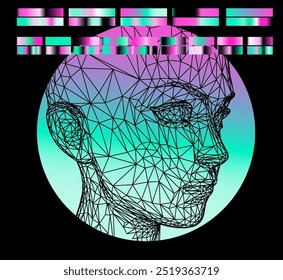 Conceptual illustration of 3d head made of mesh on background of holographic green and pink circle. Futuristic art on the theme of technology and human.