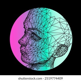 Ilustración conceptual de la cabeza 3d hecha de malla sobre fondo de círculo verde y rosa holográfico. Arte futurista sobre el tema de la tecnología y el ser humano.