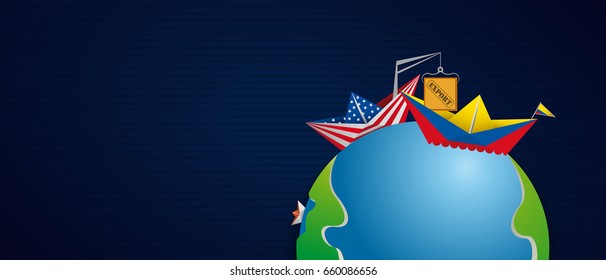 Conceptual illustration about the commercial exchange between the United States of America and Colombia, Paper boats lined with the flag of each country  - Vector image