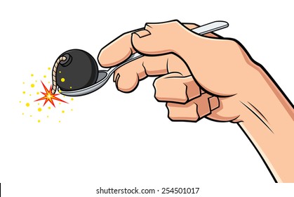 Conceptual illustration about digestion problems. A hand holds a spoon with a bomb, symbol of gastritis and stomach ache.