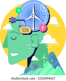 conceptual illustration about ecology. Wind power and solar panels. eco thinking.