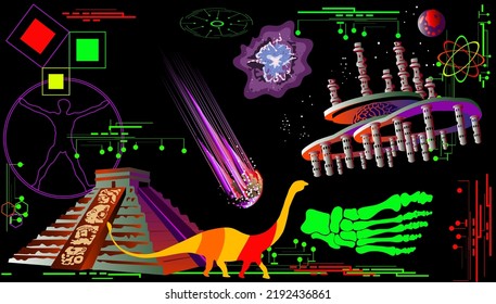 Conceptual Illustration About The Evolution Of Life On Earth From Dinosaur To Starship. Ancient Pyramid And Computer Network. Man And Atom
     Falling Comet And Human Foot Skeleton.
