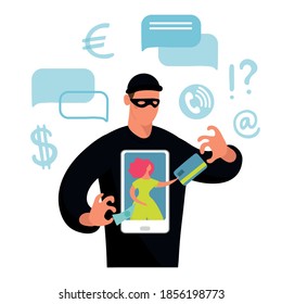 Conceptual illustration about online fraud, cybercrime, data hacking. The girl on the screen the phone and the dark silhouette of a fraudster stealing money and a bank card. Flat vector illustration