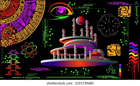 Conceptual illustration about the relationship between the Mayan calendar and future space stations. Construction of space starships of the future and computer networks.
       Human eye. Neon colors.