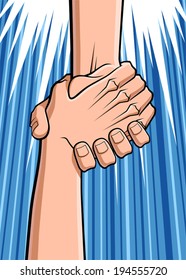 Conceptual illustration about rescue. Close up of two hands: a hand is grabbing the hand of a man who was falling down.
