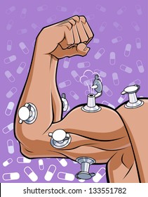 Ilustración conceptual sobre el uso de drogas y esteroides en los deportes. Los músculos han sido bombeados con esteroides, representados por válvulas de aire.  Fondo abstracto con pastillas.