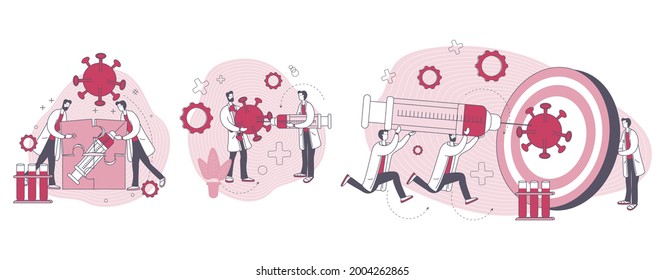 Conceptual illustration about vaccines against viruses. It shows the collaboration between scientists and doctors for the development of the vaccine. Good for infographics, information brochures, ...