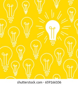 Conceptual illustration of abstract seamless pattern of light bulbs with one bulb shining bright