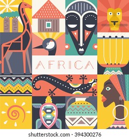 Conceptual illustration of Africa with different african symbols made in flat vector style. Travel to africa banner template. Explore the world. African design.