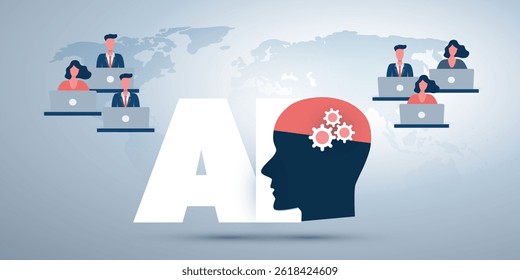 Conceptual illustration of AI supporting and overseeing remote workers working on laptops across a global map, symbolizing intelligent assistance in business and distributed workforce management.