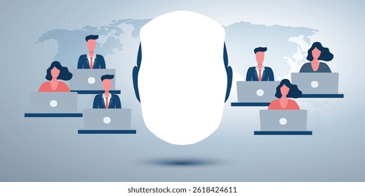 Conceptual illustration of AI supporting and overseeing remote workers working on laptops across a global map, symbolizing intelligent assistance in business and distributed workforce management.