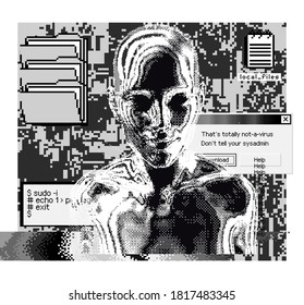 Conceptual illustration of Artificial intelligence and Future Technologies. Composition with human silhouette and user interface elements.