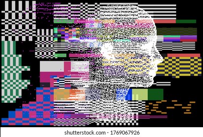 Conceptual illustration of Artificial intelligence. Glitched silhouette of woman's head on pixelated background.