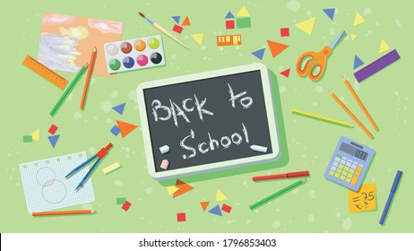 Conceptual illustration of back to school. Top view of a work desk with office supplies. Calculator, ruler, pencils, watercolors, brushes, compasses, scissors and a whiteboard with chalk writing back 