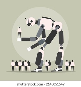 Conceptual illustration of a big robot picking a human in its hand