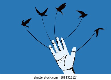 Conceptual illustration of a birds tied to five fingers of a human hand are trying fly away