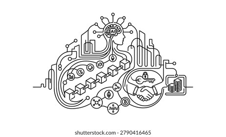 Conceptual illustration of blockchain technology, AI, and digital cityscape, symbolizing innovation, connectivity, and future networks.