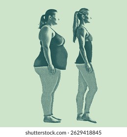 Conceptual illustration of body transformation from overweight to fit. A visual representation of weight loss, fitness journey, healthy lifestyle change, and self-improvement. The image shows the prog