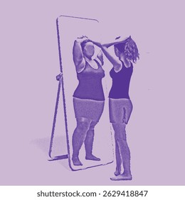 Conceptual illustration of body transformation from overweight to fit. A visual representation of weight loss, fitness journey, healthy lifestyle change, and self-improvement. The image shows the prog