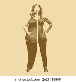 Conceptual illustration of body transformation from overweight to fit. A visual representation of weight loss, fitness journey, healthy lifestyle change, and self-improvement. The image shows the prog