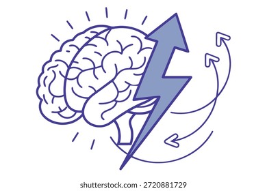A conceptual illustration of a brain with a lightning bolt and upward arrows, representing inspiration, intelligence, mental power, and brainstorming.