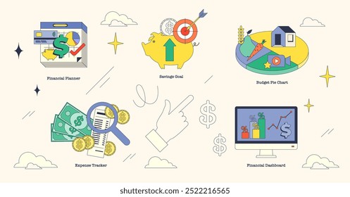 Ilustração conceitual de ferramentas de orçamento na coleção de estilo neubrutalismo, apresentando planejador financeiro, meta de economia e gráfico de pizza de orçamento.