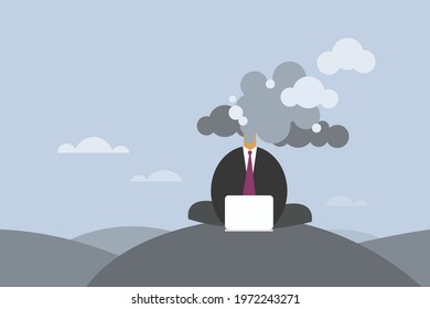 Conceptual illustration of a business executive with a fuming head sitting in a meditative pose with a laptop