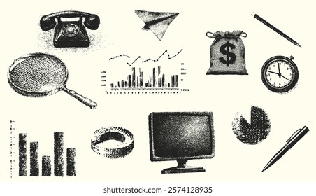 A conceptual illustration of business and finance with classic business objects. The image includes financial charts and graphs for planning and analysis with photocopy style grunge effect.