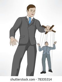 Conceptual illustration. Business man controlling other business man like a puppet on a string.