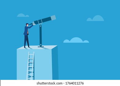 Conceptual illustration of a business man standing on a high altitude platform looks through a telescope. 